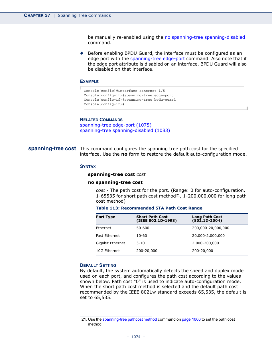 Spanning-tree cost, Table 113: recommended sta path cost range | LevelOne GTL-2691 User Manual | Page 1074 / 1644