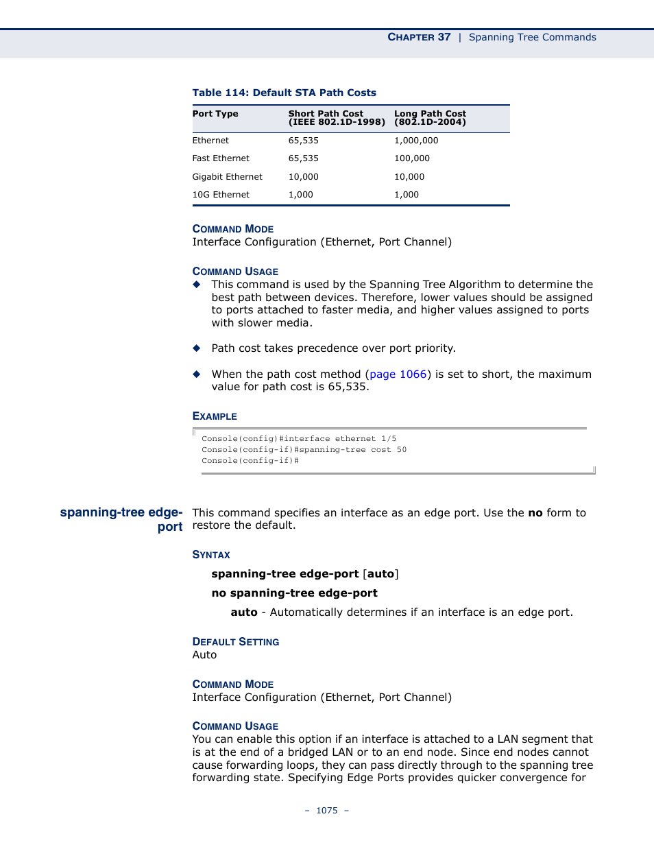 Spanning-tree edge- port, Spanning-tree edge-port, Table 114: default sta path costs | Spanning-tree edge-port (1075) | LevelOne GTL-2691 User Manual | Page 1075 / 1644