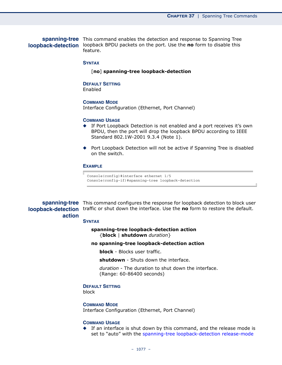 Spanning-tree loopback-detection, Spanning-tree loopback-detection action, Spanning-tree loopback | Detection, Detection action | LevelOne GTL-2691 User Manual | Page 1077 / 1644