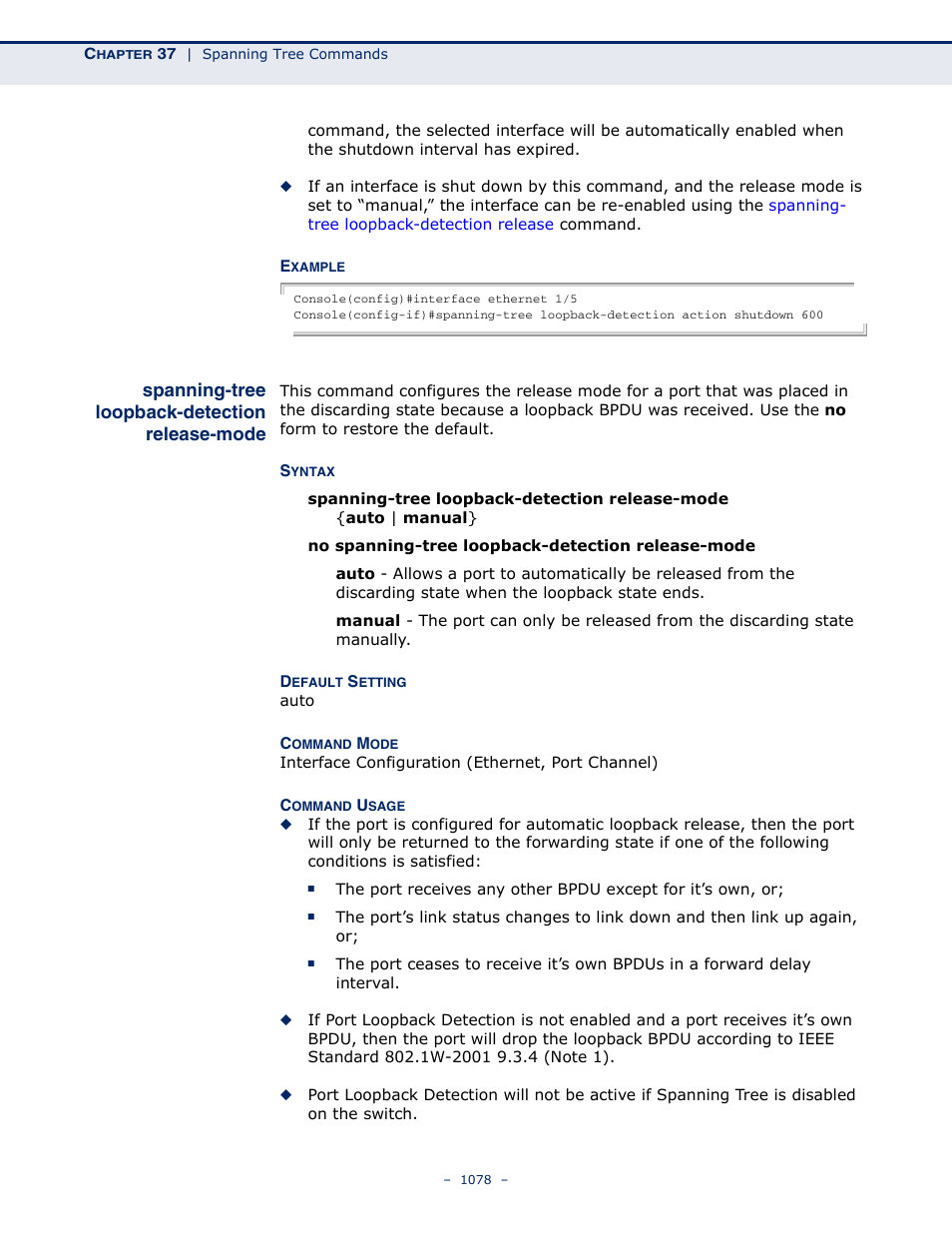 Spanning-tree loopback-detection release-mode, Spanning-tree loopback, Detection release-mode | LevelOne GTL-2691 User Manual | Page 1078 / 1644