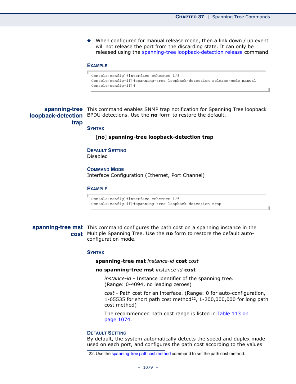 Spanning-tree loopback-detection trap, Spanning-tree mst cost, Spanning-tree loopback | Detection trap | LevelOne GTL-2691 User Manual | Page 1079 / 1644