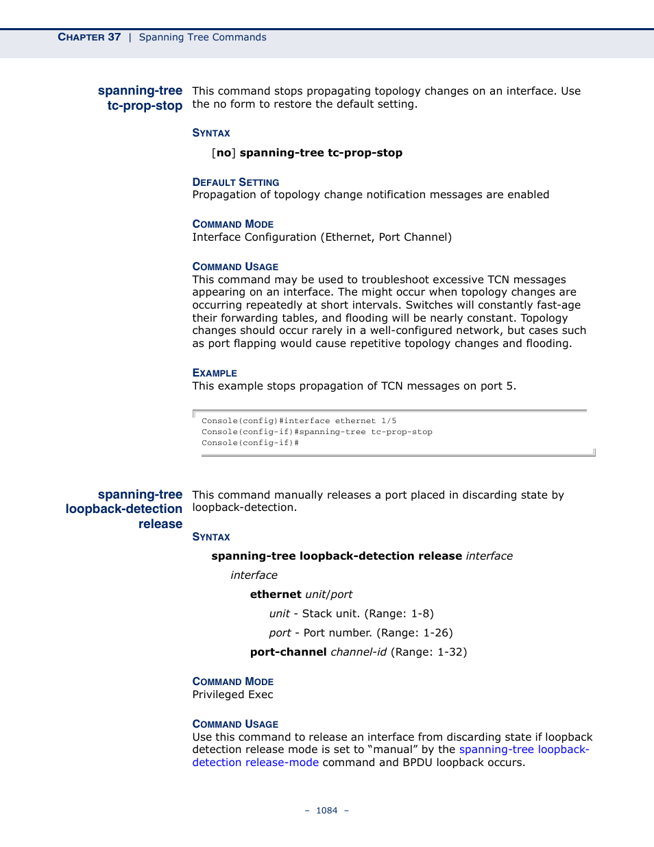 Spanning-tree tc-prop-stop, Spanning-tree loopback-detection release, Spanning-tree loopback | Detection release | LevelOne GTL-2691 User Manual | Page 1084 / 1644