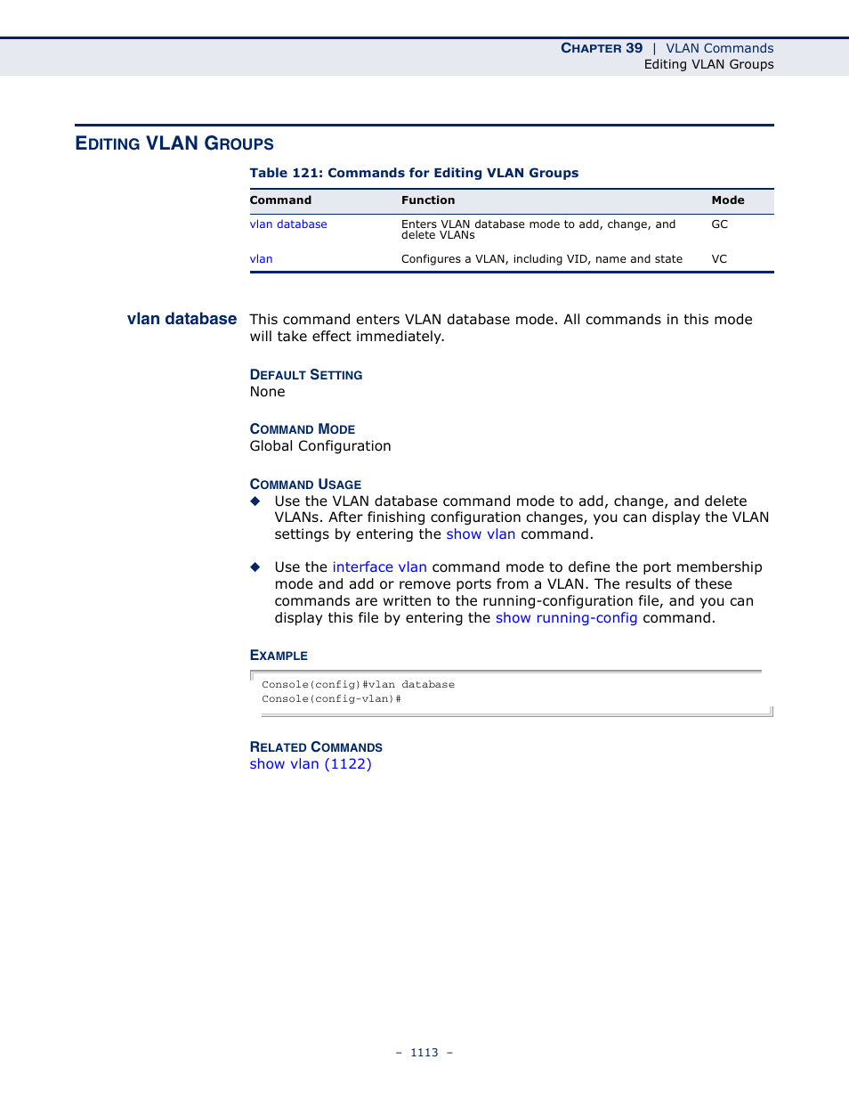 Editing vlan groups, Vlan database, Table 121: commands for editing vlan groups | Vlan g | LevelOne GTL-2691 User Manual | Page 1113 / 1644