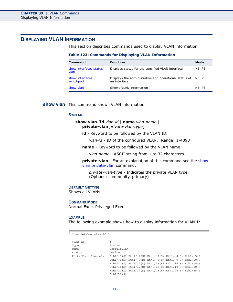 Displaying vlan information, Show vlan, Displaying vlan | Information, Show vlan (1122), Vlan i | LevelOne GTL-2691 User Manual | Page 1122 / 1644