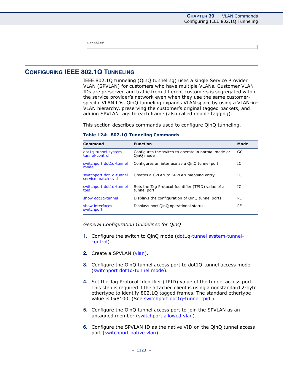 Configuring ieee 802.1q tunneling, Table 124: 802.1q tunneling commands, Configuring ieee 802.1q | Tunneling, Ieee 802.1q t | LevelOne GTL-2691 User Manual | Page 1123 / 1644