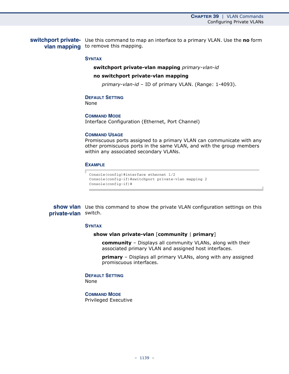 Switchport private- vlan mapping, Show vlan private-vlan, Switchport private-vlan mapping | Show, Vlan private-vlan, Switchport private-vlan, Mapping, Switchport, Private-vlan mapping | LevelOne GTL-2691 User Manual | Page 1139 / 1644