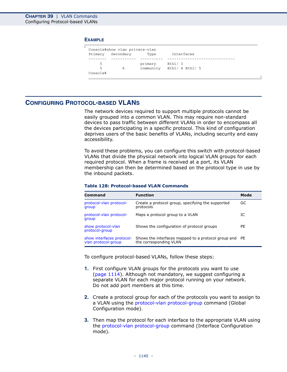 Configuring protocol-based vlans, Table 128: protocol-based vlan commands, Configuring protocol | Based vlans, Vlan | LevelOne GTL-2691 User Manual | Page 1140 / 1644