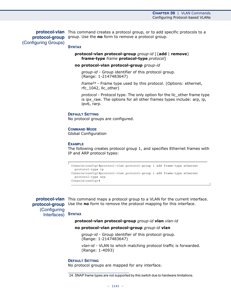 Protocol-vlan protocol-group (configuring groups), Protocol-vlan protocol-group, Protocol-vlan protocol | Group | LevelOne GTL-2691 User Manual | Page 1141 / 1644