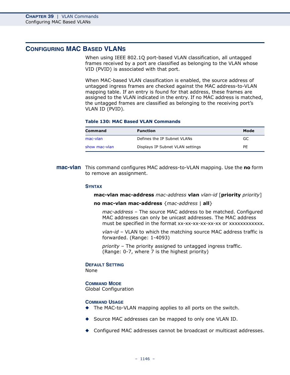 Configuring mac based vlans, Mac-vlan, Mac-vlan 1146 | Table 130: mac based vlan commands, Configuring mac based, Vlans, Mac b, Vlan | LevelOne GTL-2691 User Manual | Page 1146 / 1644