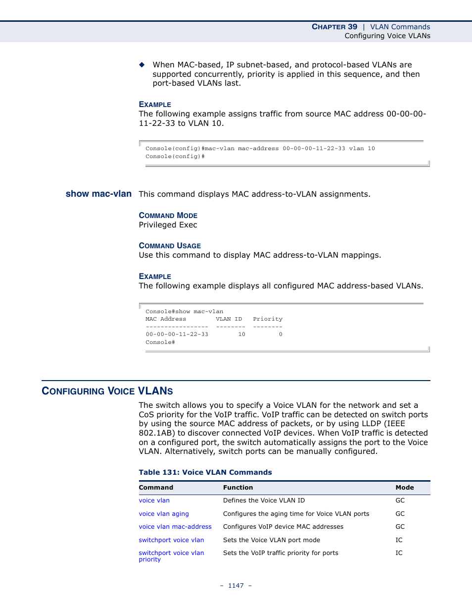 Show mac-vlan, Configuring voice vlans, Table 131: voice vlan commands | Vlan | LevelOne GTL-2691 User Manual | Page 1147 / 1644