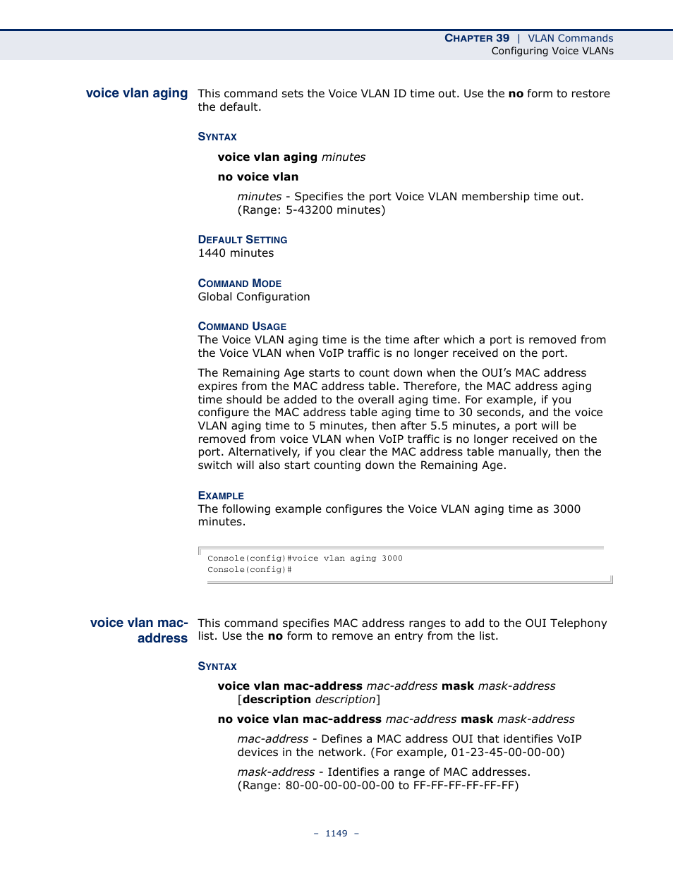 Voice vlan aging, Voice vlan mac- address, Voice vlan mac-address | LevelOne GTL-2691 User Manual | Page 1149 / 1644