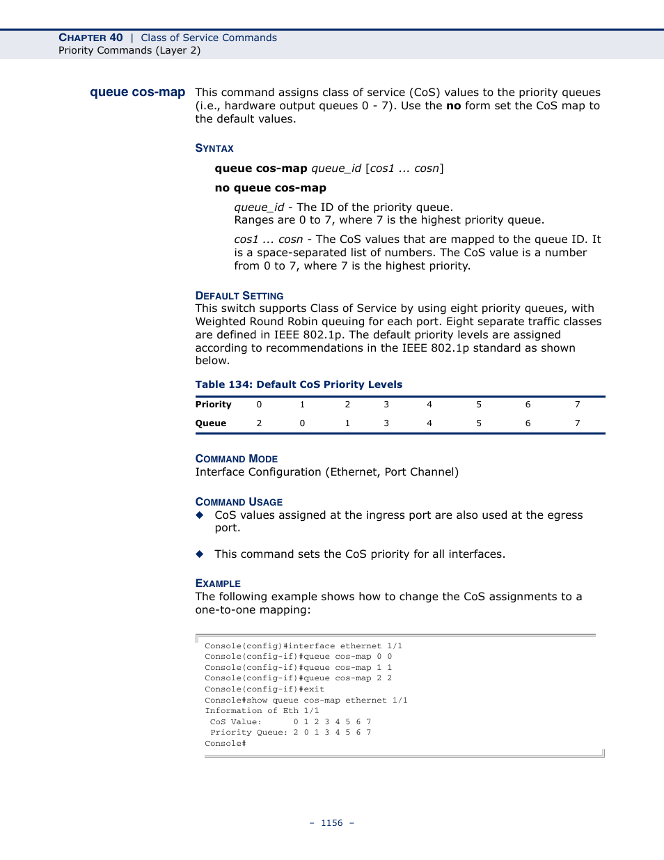 Queue cos-map, Table 134: default cos priority levels | LevelOne GTL-2691 User Manual | Page 1156 / 1644