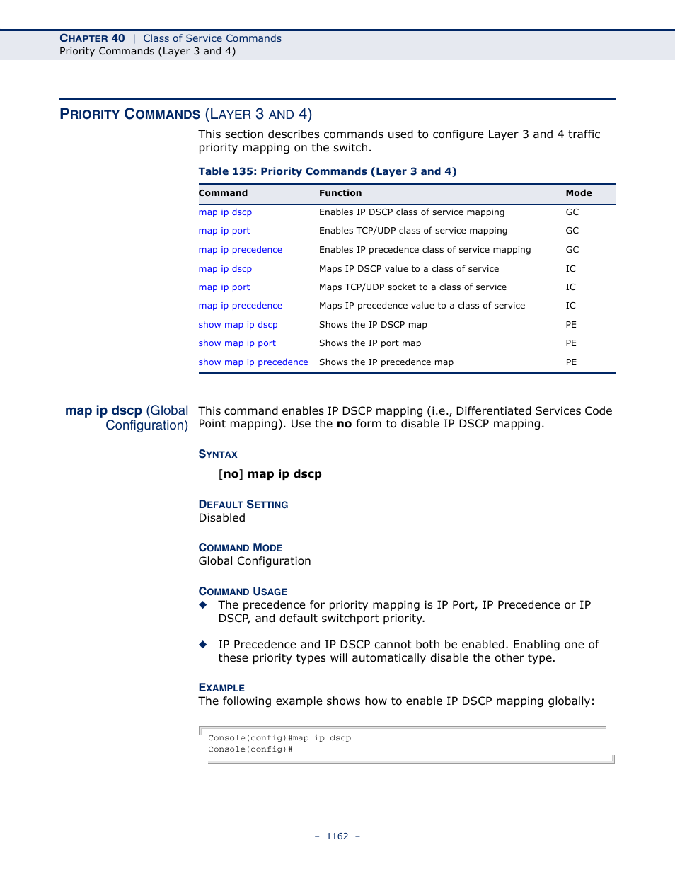 Priority commands (layer 3 and 4), Map ip dscp (global configuration), Table 135: priority commands (layer 3 and 4) | Priority commands, Layer 3 and 4) | LevelOne GTL-2691 User Manual | Page 1162 / 1644