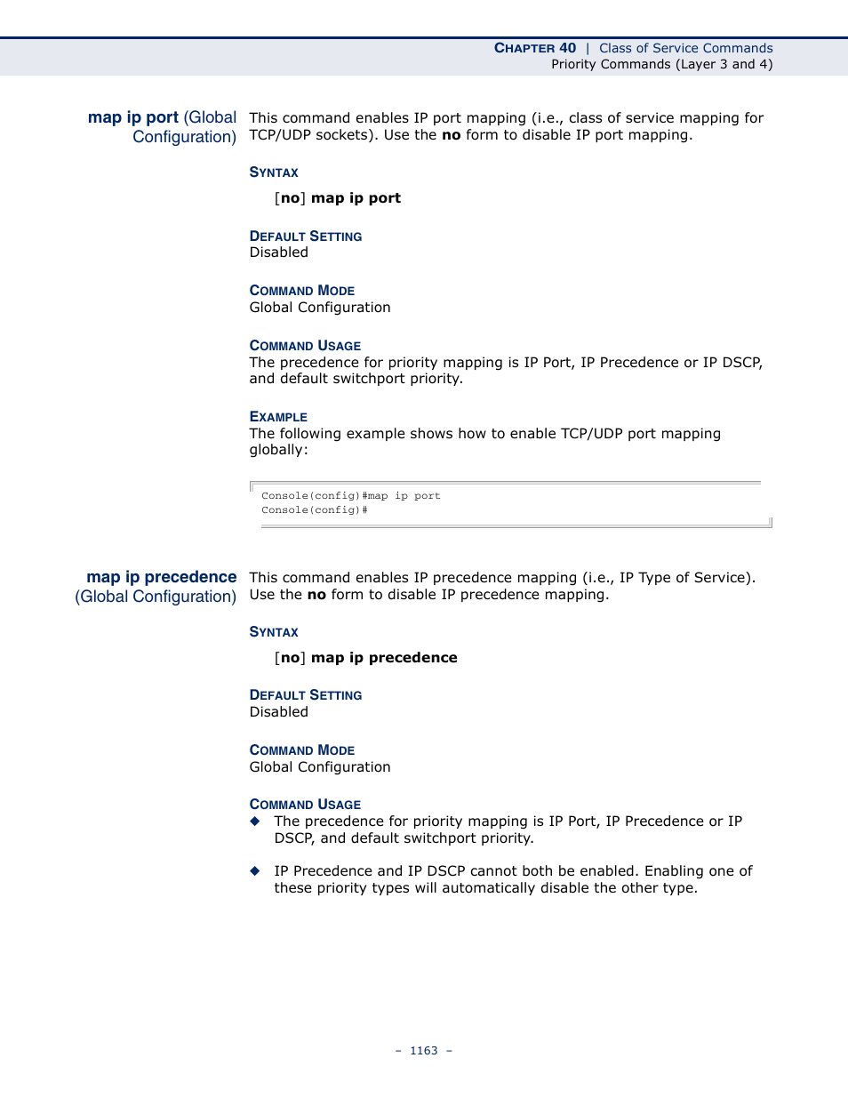 Map ip port (global configuration), Map ip precedence (global configuration), Map ip port | Map ip precedence | LevelOne GTL-2691 User Manual | Page 1163 / 1644