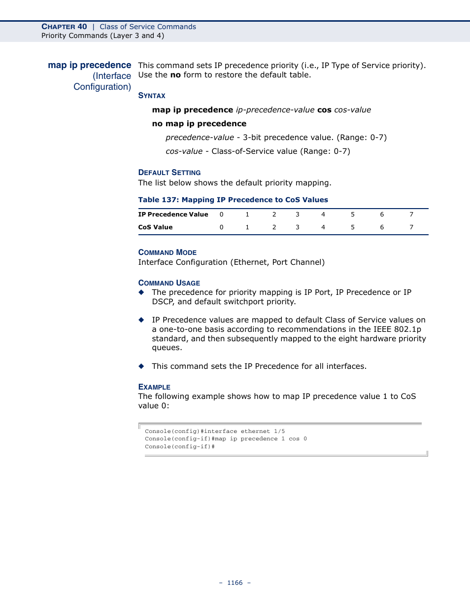 Map ip precedence (interface configuration), Table 137: mapping ip precedence to cos values, Map ip precedence | LevelOne GTL-2691 User Manual | Page 1166 / 1644