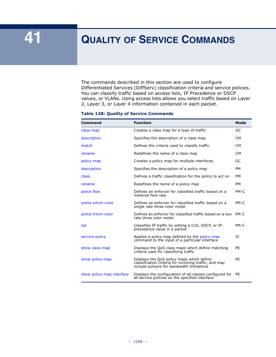 Quality of service commands, 41 q, Uality | Ervice, Ommands, Table 138: quality of service commands | LevelOne GTL-2691 User Manual | Page 1169 / 1644