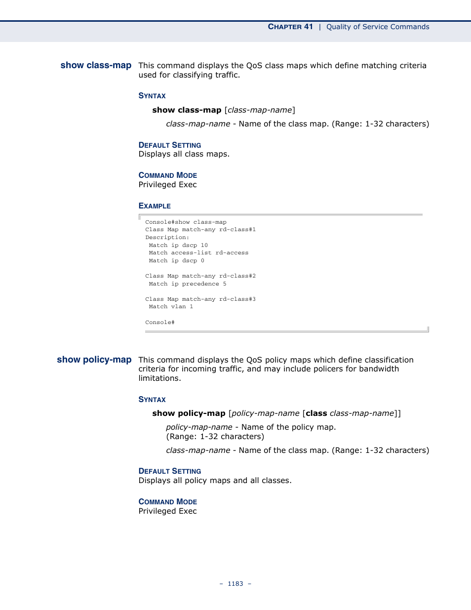 Show class-map, Show policy-map, Show class-map (1183) | LevelOne GTL-2691 User Manual | Page 1183 / 1644