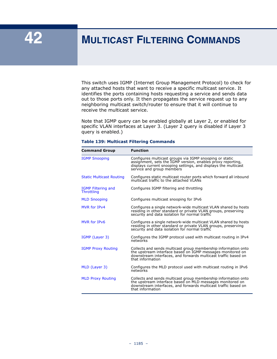 Multicast filtering commands, 42 m, Ulticast | Iltering, Ommands, Table 139: multicast filtering commands | LevelOne GTL-2691 User Manual | Page 1185 / 1644