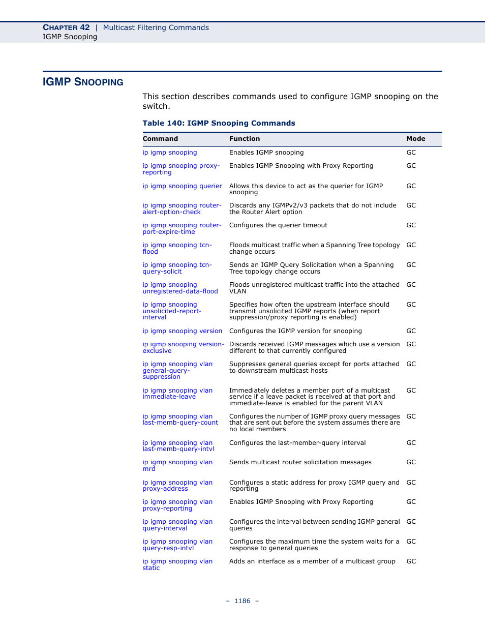 Igmp snooping, Table 140: igmp snooping commands, Igmp s | Nooping | LevelOne GTL-2691 User Manual | Page 1186 / 1644