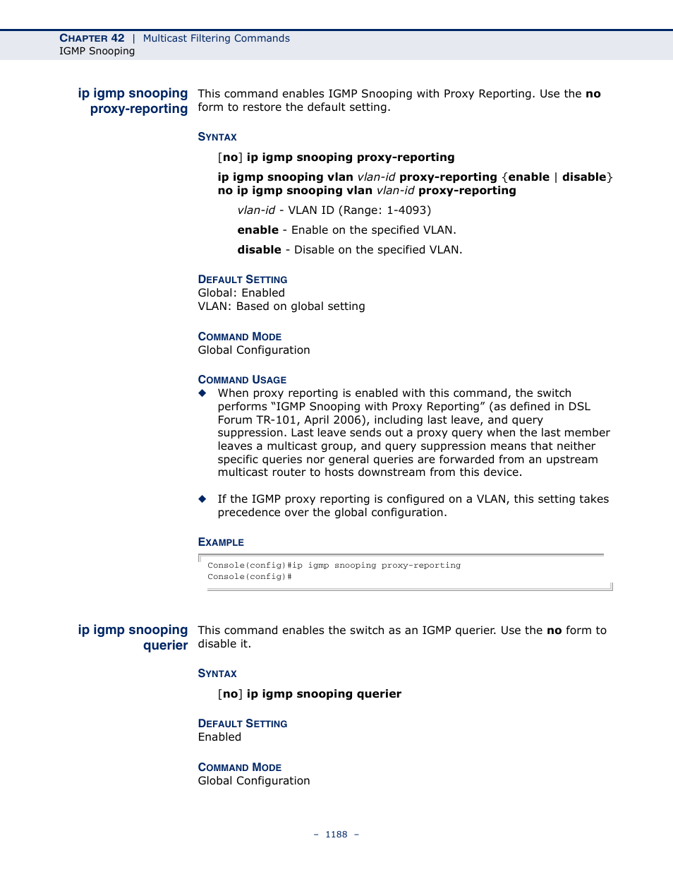 Ip igmp snooping proxy-reporting, Ip igmp snooping querier, Ip igmp snooping proxy | Reporting, Ip igmp snooping vlan, Proxy-reporting | LevelOne GTL-2691 User Manual | Page 1188 / 1644