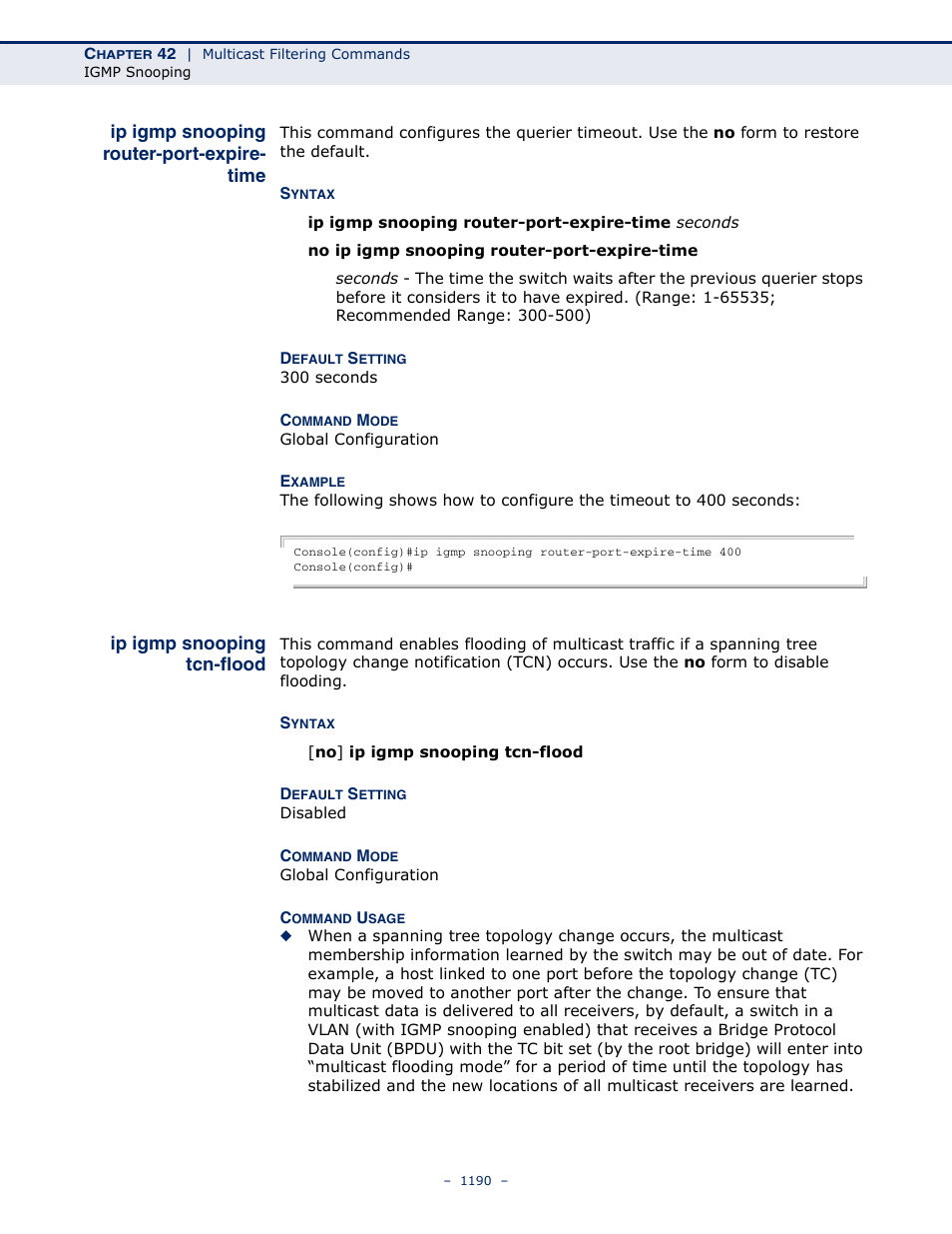 Ip igmp snooping router-port-expire- time, Ip igmp snooping tcn-flood, Ip igmp snooping router-port-expire-time | Ip igmp snooping router, Port-expire-time, Ip igmp snooping tcn, Flood | LevelOne GTL-2691 User Manual | Page 1190 / 1644