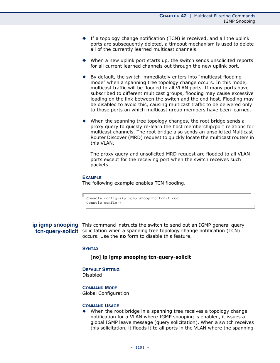 Ip igmp snooping tcn-query-solicit, Ip igmp snooping tcn, Query-solicit | LevelOne GTL-2691 User Manual | Page 1191 / 1644
