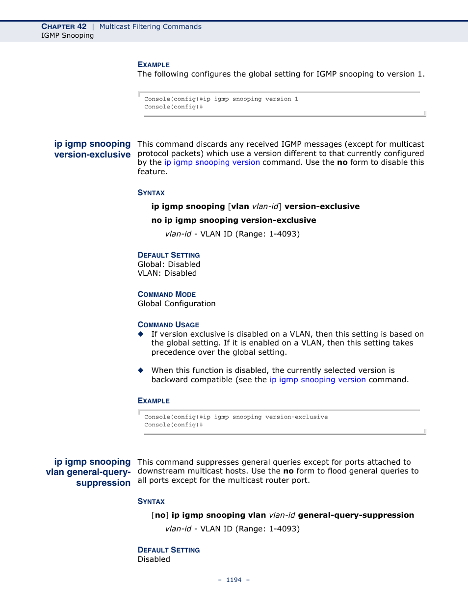 Ip igmp snooping version-exclusive, Ip igmp snooping vlan general-query- suppression, Ip igmp snooping vlan general-query-suppression | Ip igmp snooping version, Exclusive, Ip igmp snooping vlan, General-query, Suppression, Ip igmp snooping | LevelOne GTL-2691 User Manual | Page 1194 / 1644
