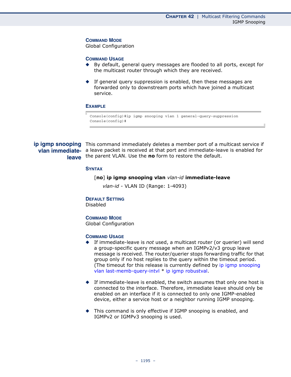 Ip igmp snooping vlan immediate- leave, Ip igmp snooping vlan immediate-leave, Ip igmp snooping vlan | Immediate-leave | LevelOne GTL-2691 User Manual | Page 1195 / 1644