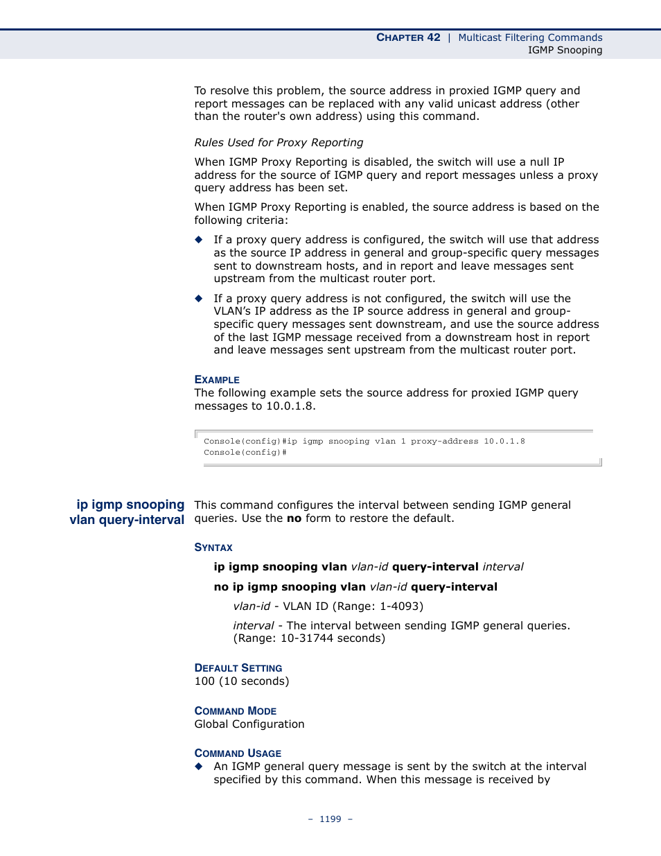 Ip igmp snooping vlan query-interval, Ip igmp snooping vlan, Query-interval | LevelOne GTL-2691 User Manual | Page 1199 / 1644