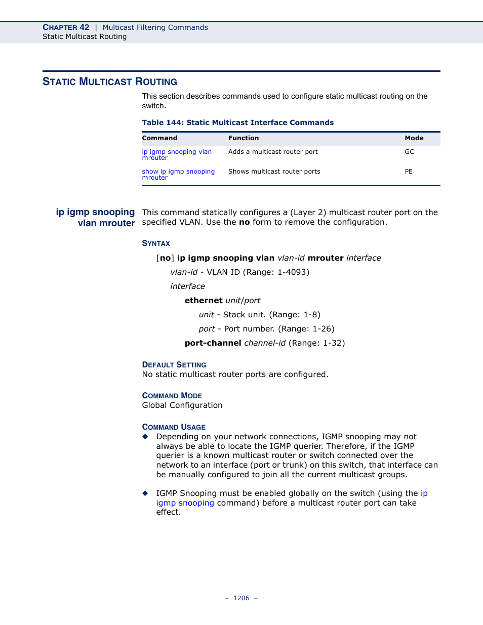 Static multicast routing, Ip igmp snooping vlan mrouter, Table 144: static multicast interface commands | LevelOne GTL-2691 User Manual | Page 1206 / 1644