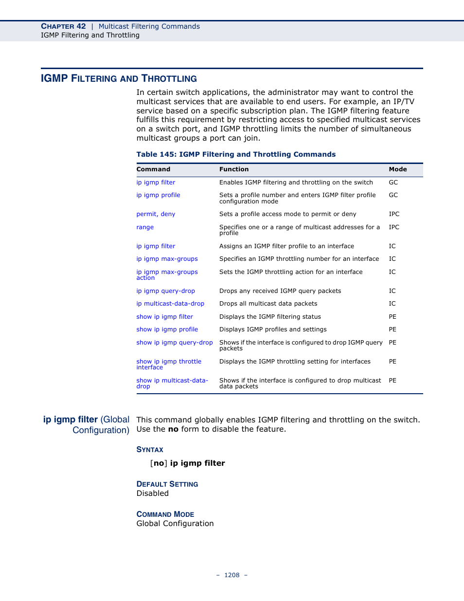 Igmp filtering and throttling, Ip igmp filter (global configuration), Table 145: igmp filtering and throttling commands | Igmp filtering and, Throttling, Igmp f, Iltering, Hrottling | LevelOne GTL-2691 User Manual | Page 1208 / 1644