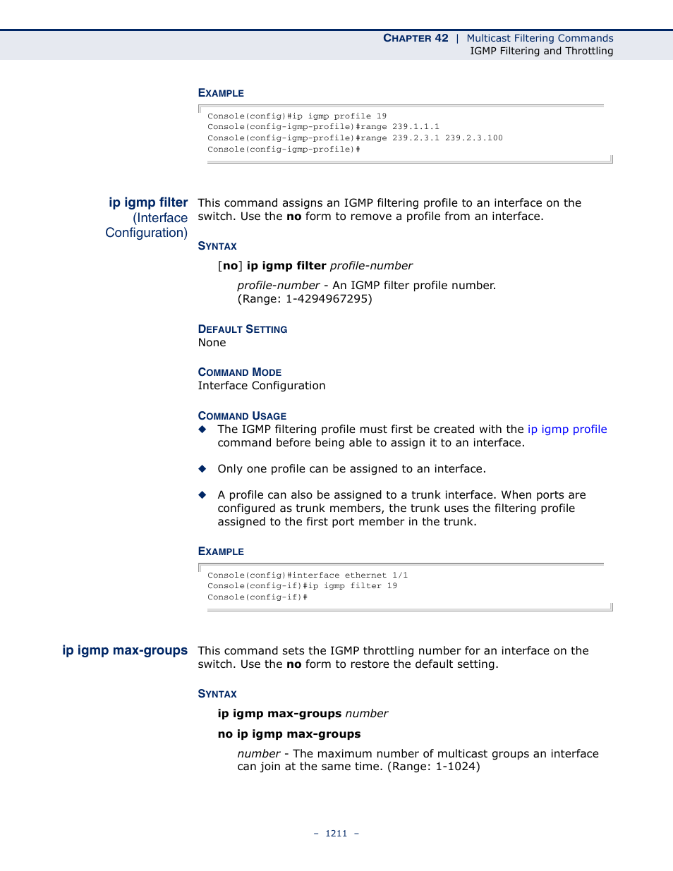 Ip igmp filter (interface configuration), Ip igmp max-groups, Ip igmp filter | LevelOne GTL-2691 User Manual | Page 1211 / 1644