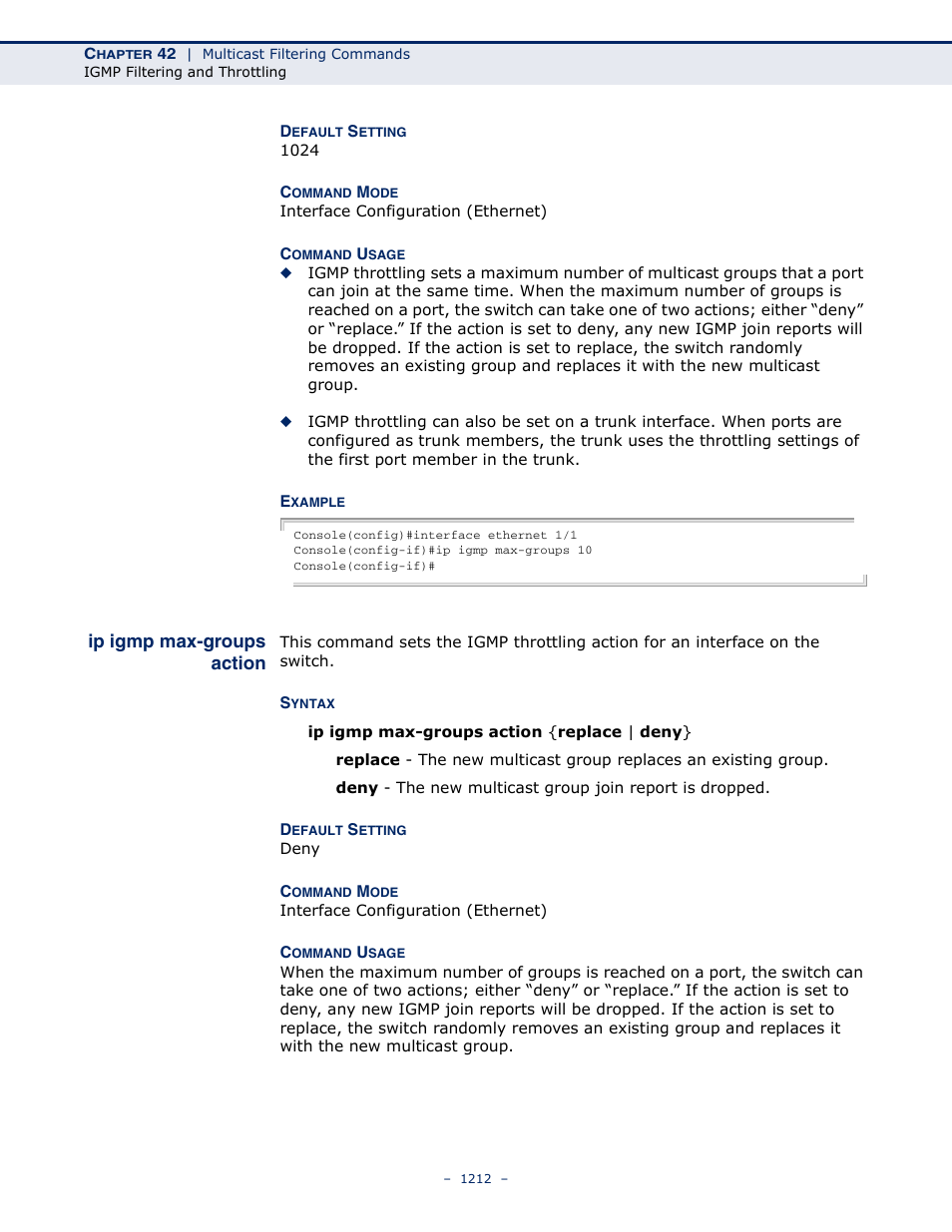 Ip igmp max-groups action, Ip igmp max-groups, Action | LevelOne GTL-2691 User Manual | Page 1212 / 1644