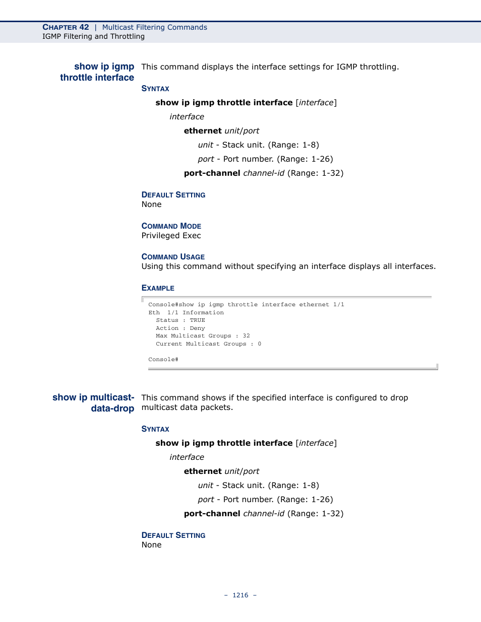 Show ip igmp throttle interface, Show ip multicast- data-drop, Show ip multicast-data-drop | Show ip igmp throttle, Interface, Show ip multicast-data, Drop | LevelOne GTL-2691 User Manual | Page 1216 / 1644