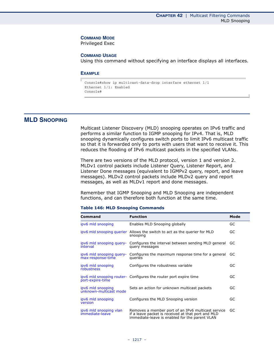 Mld snooping, Table 146: mld snooping commands, Mld s | Nooping | LevelOne GTL-2691 User Manual | Page 1217 / 1644