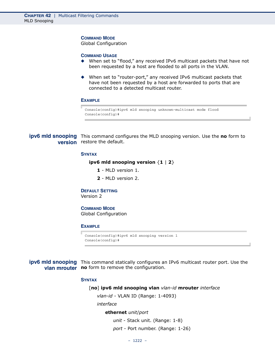 Ipv6 mld snooping version, Ipv6 mld snooping vlan mrouter, Ipv6 mld snooping | Version, Ipv6 mld snooping vlan, Mrouter | LevelOne GTL-2691 User Manual | Page 1222 / 1644