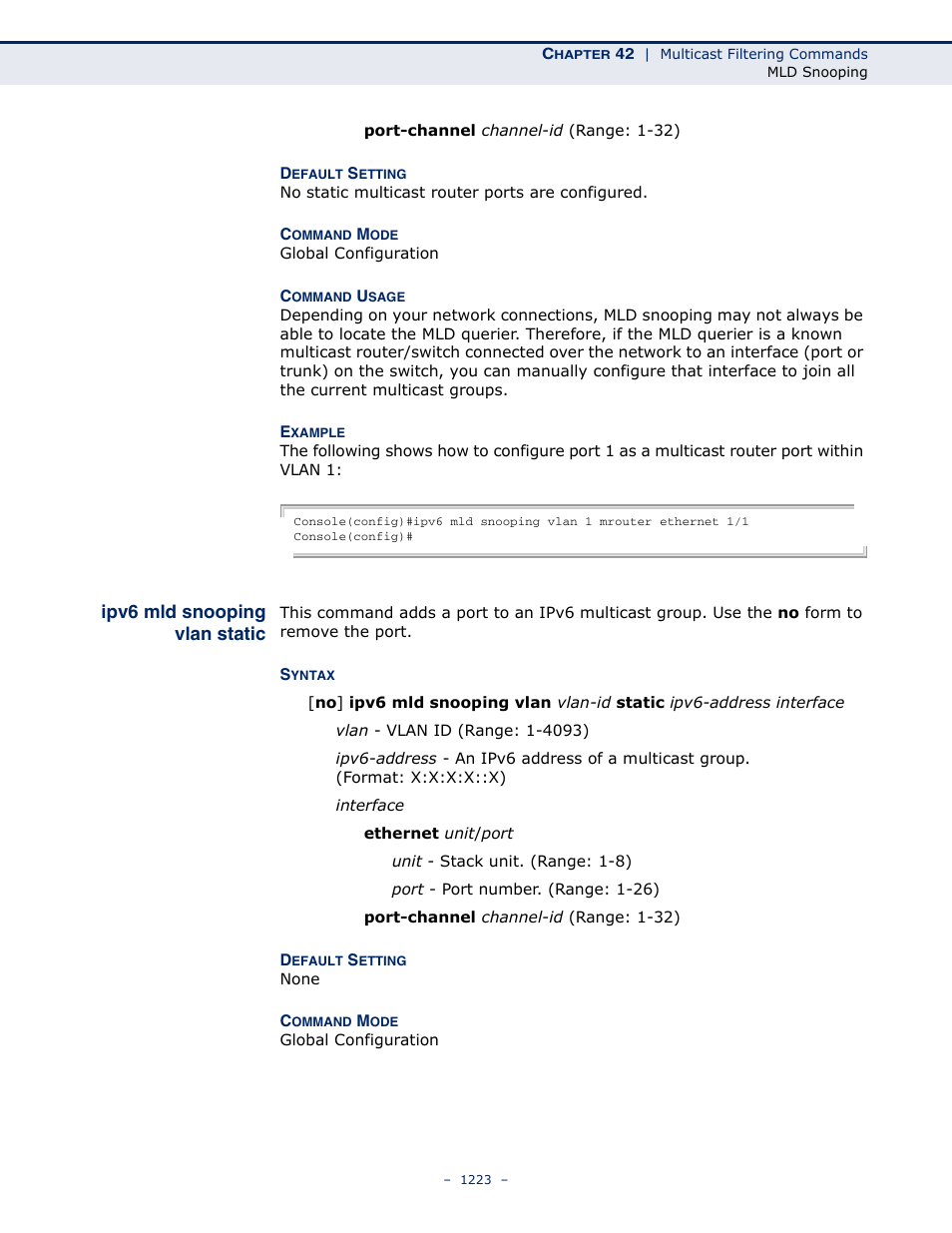 Ipv6 mld snooping vlan static, Ipv6 mld snooping vlan, Static | LevelOne GTL-2691 User Manual | Page 1223 / 1644