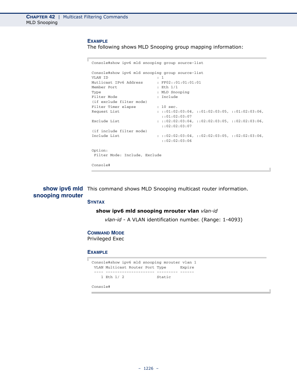 Show ipv6 mld snooping mrouter, Show ipv6 mld snooping, Mrouter | LevelOne GTL-2691 User Manual | Page 1226 / 1644