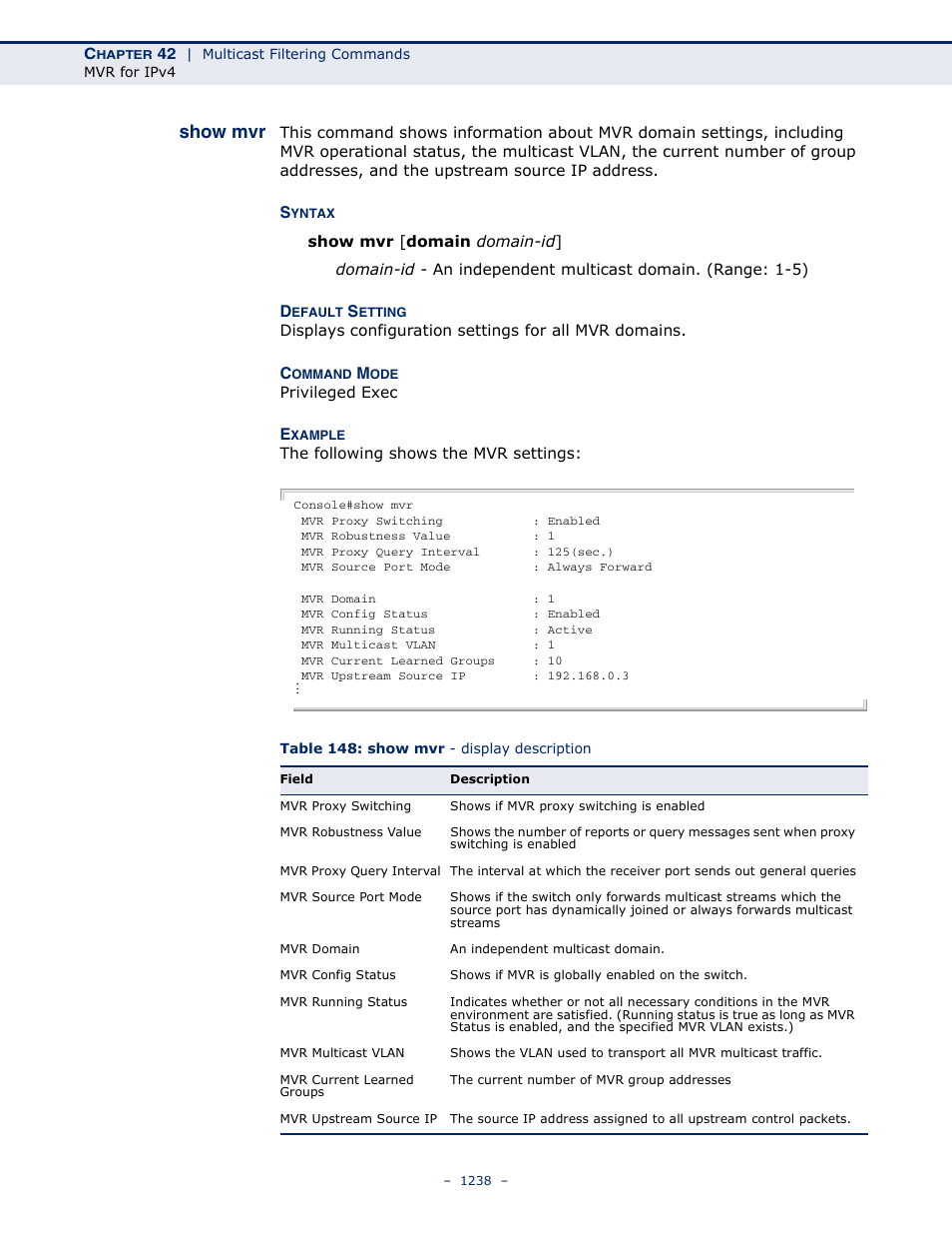 Show mvr, Table 148: show mvr - display description | LevelOne GTL-2691 User Manual | Page 1238 / 1644