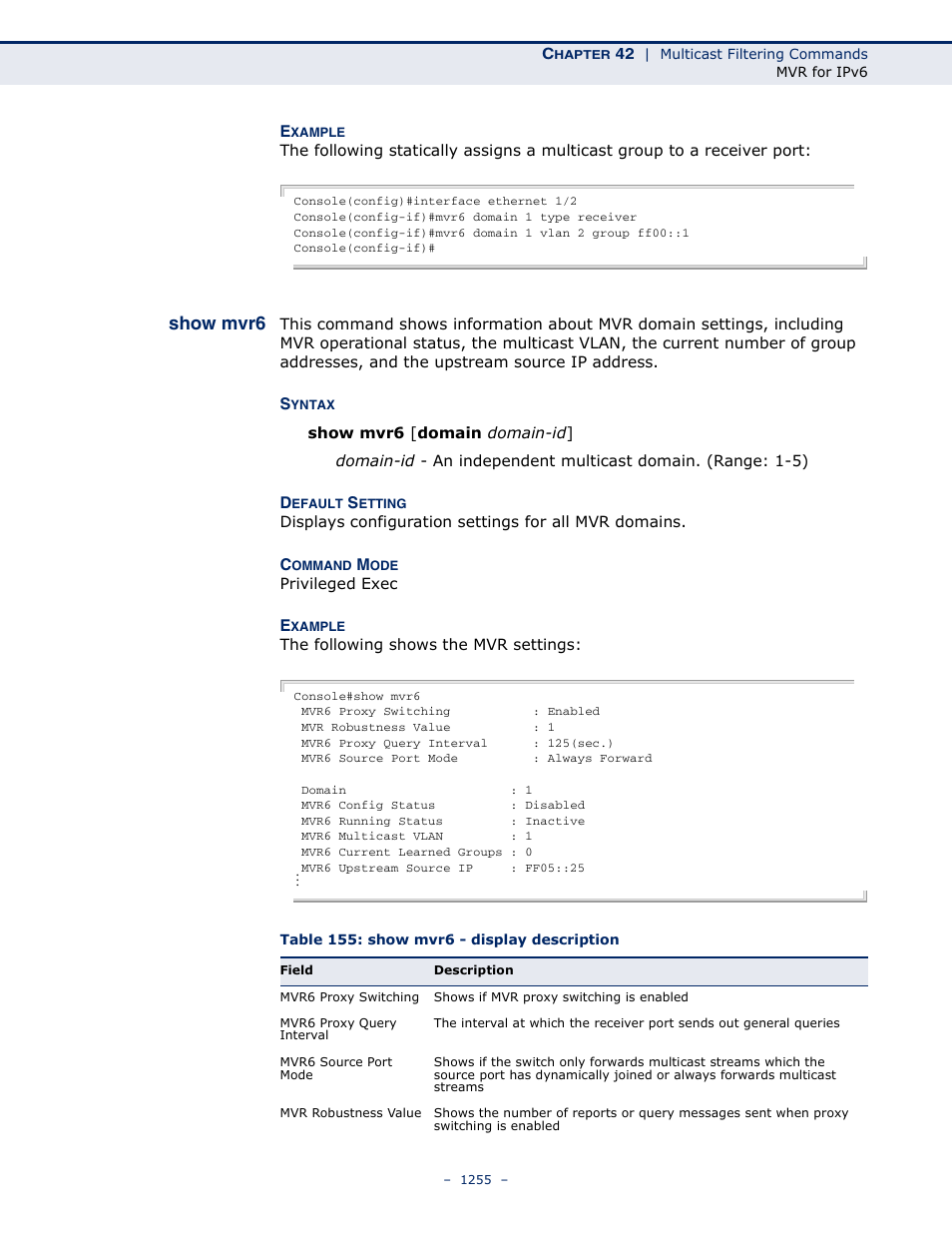 Show mvr6, Table 155: show mvr6 - display description | LevelOne GTL-2691 User Manual | Page 1255 / 1644