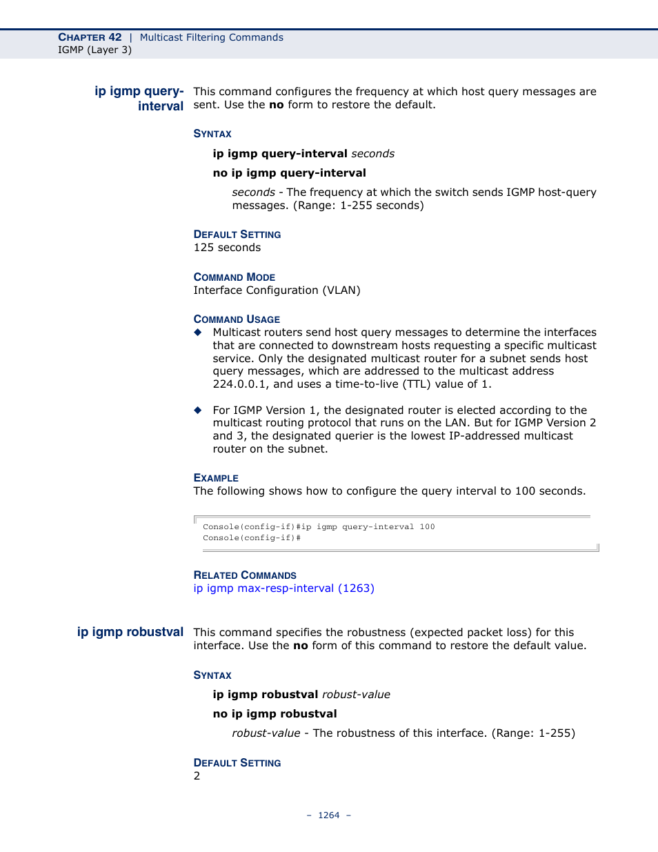 Ip igmp query- interval, Ip igmp robustval, Ip igmp query-interval | LevelOne GTL-2691 User Manual | Page 1264 / 1644