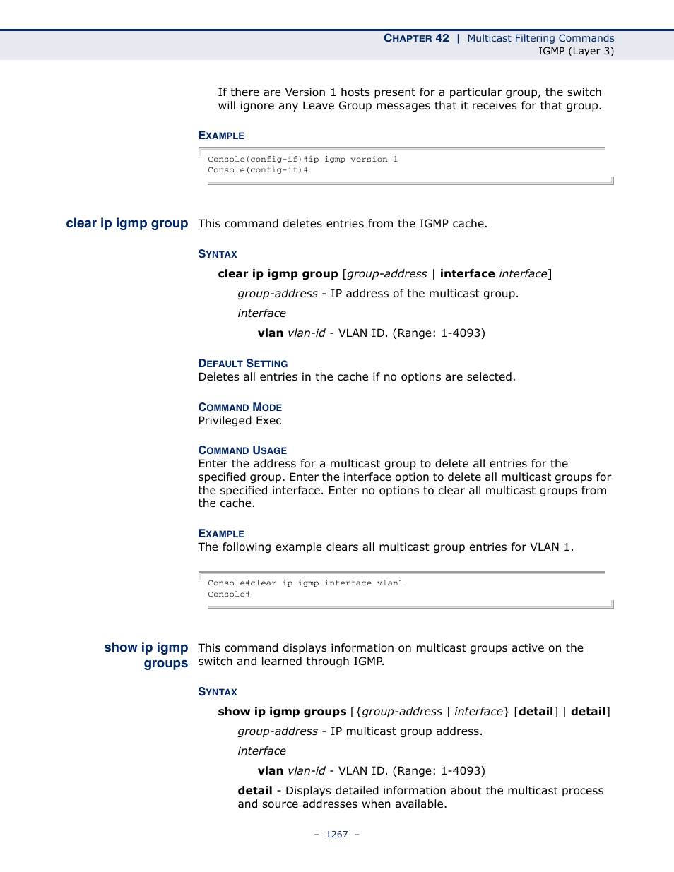 Clear ip igmp group, Show ip igmp groups | LevelOne GTL-2691 User Manual | Page 1267 / 1644