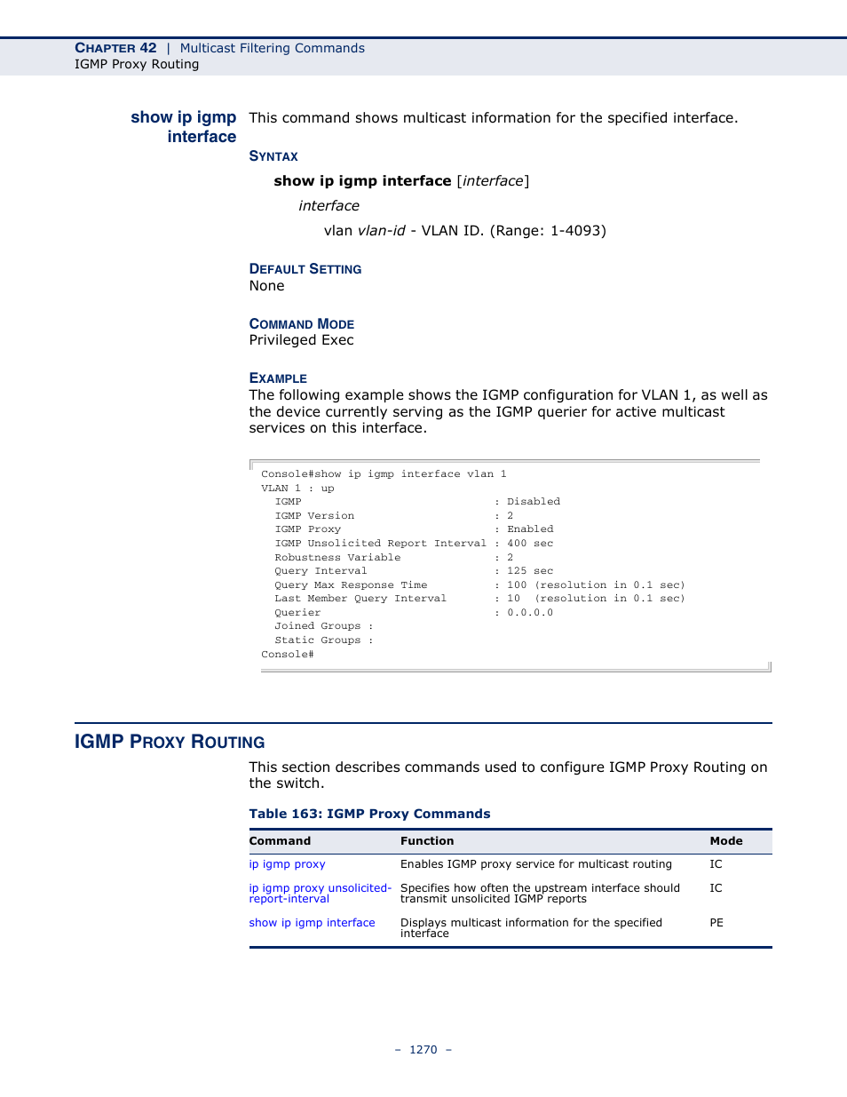 Show ip igmp interface, Igmp proxy routing, Table 163: igmp proxy commands | Igmp p | LevelOne GTL-2691 User Manual | Page 1270 / 1644