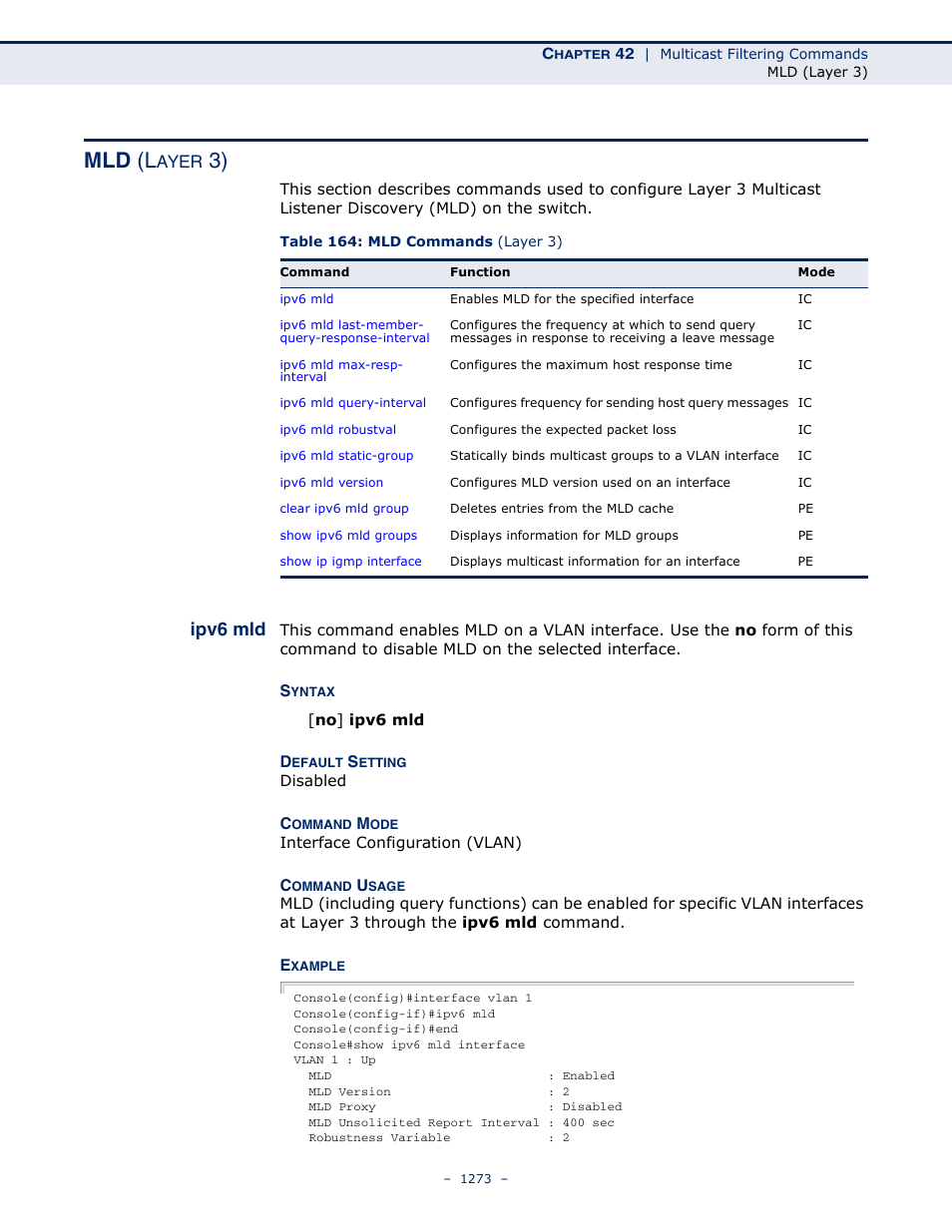 Mld (layer 3), Ipv6 mld, Table 164: mld commands (layer 3) | Mld (l, Ayer | LevelOne GTL-2691 User Manual | Page 1273 / 1644