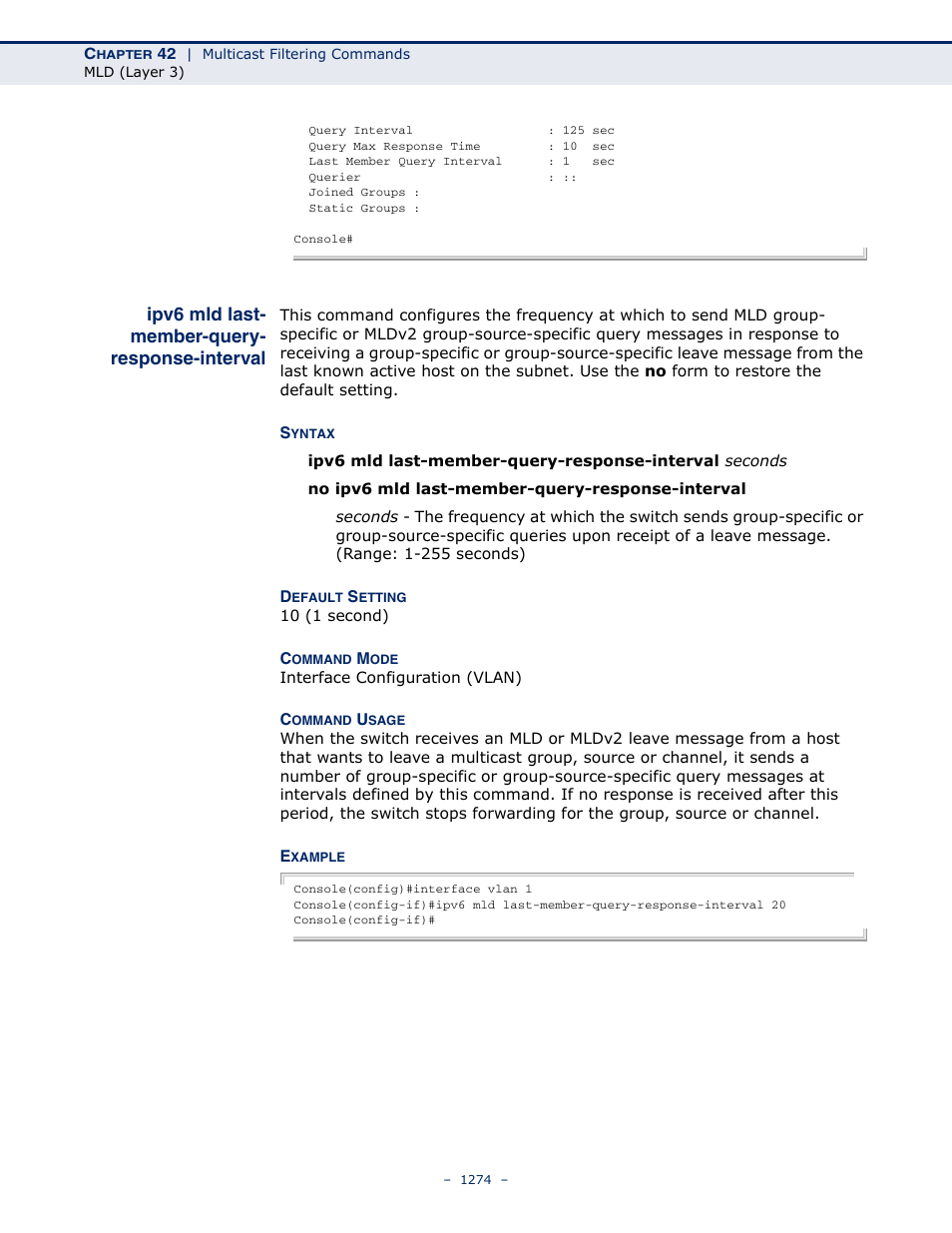 Ipv6 mld last- member-query- response-interval, Ipv6 mld last-member-query-response-interval, Ipv6 mld last-member | Query-response-interval | LevelOne GTL-2691 User Manual | Page 1274 / 1644