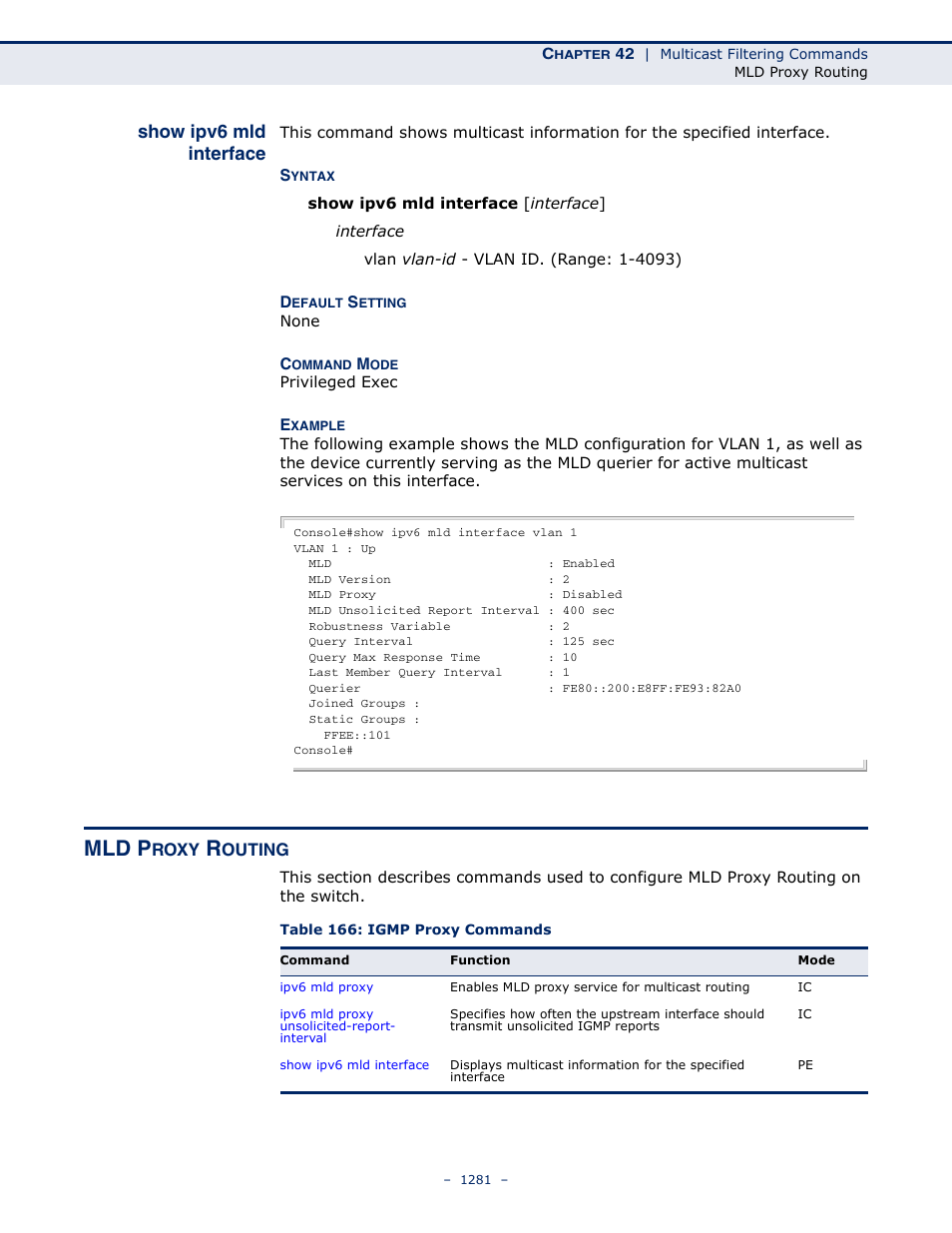 Show ipv6 mld interface, Mld proxy routing, Table 166: igmp proxy commands | Mld proxy routing" on, Mld p | LevelOne GTL-2691 User Manual | Page 1281 / 1644