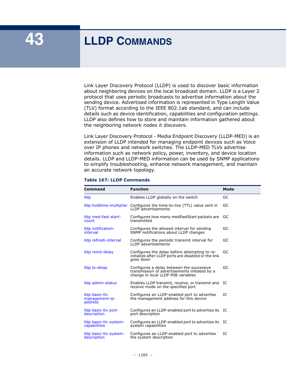 Lldp commands, 43 lldp c, Ommands | Table 167: lldp commands, Lldp c | LevelOne GTL-2691 User Manual | Page 1285 / 1644