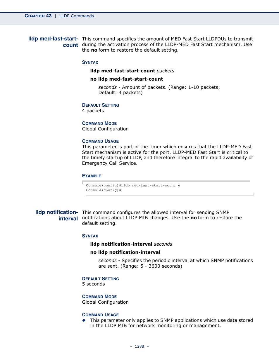 Lldp med-fast-start- count, Lldp notification- interval, Lldp med-fast-start-count | Lldp notification-interval, Lldp med-fast-start, Count, Lldp notification, Interval | LevelOne GTL-2691 User Manual | Page 1288 / 1644