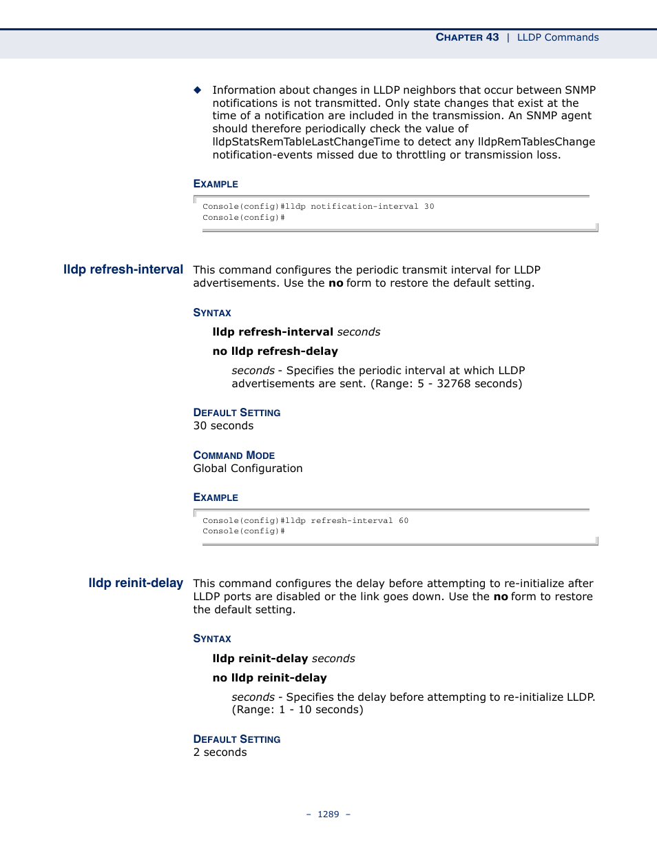 Lldp refresh-interval, Lldp reinit-delay | LevelOne GTL-2691 User Manual | Page 1289 / 1644