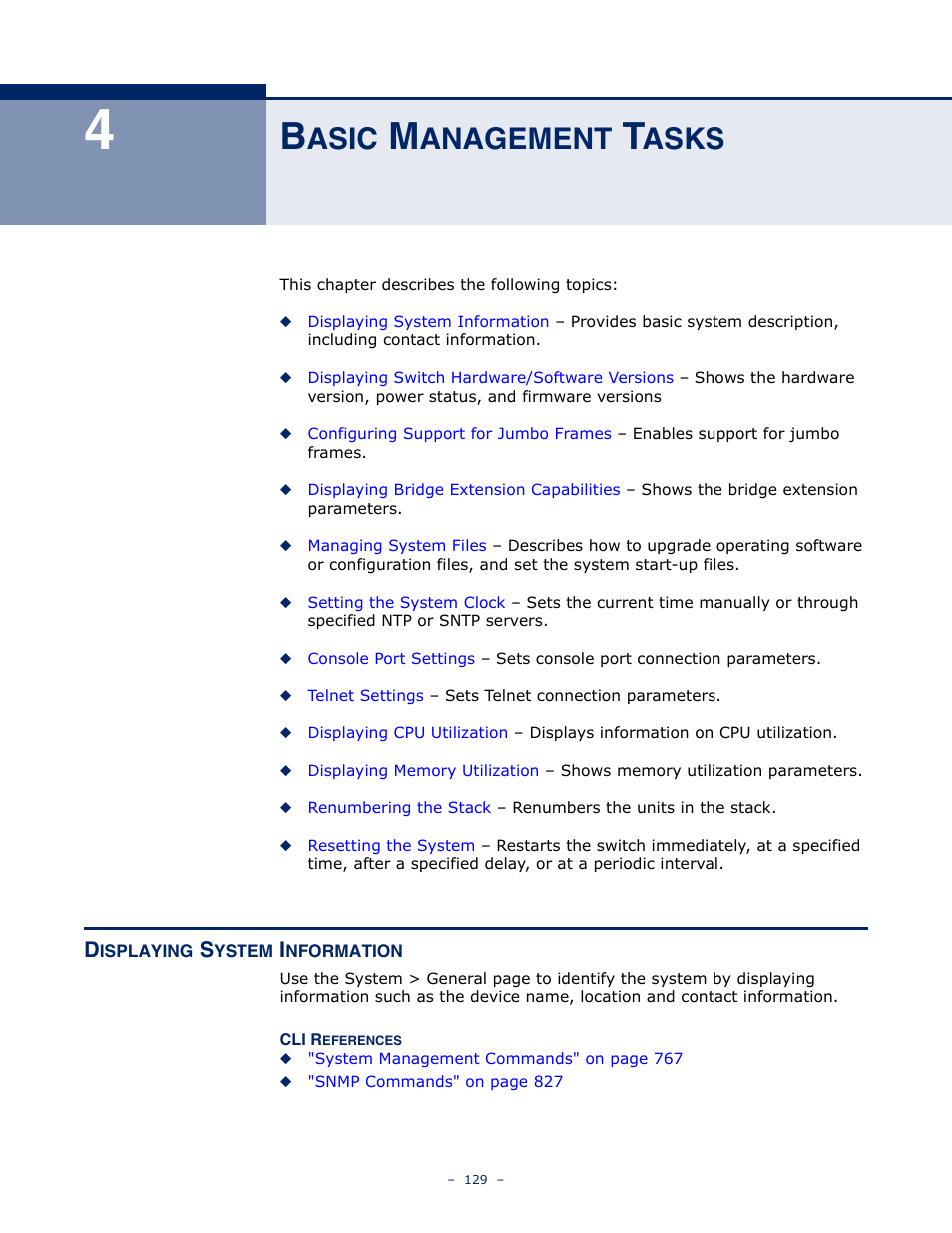 Basic management tasks, Displaying system information, Asic | Anagement, Asks | LevelOne GTL-2691 User Manual | Page 129 / 1644